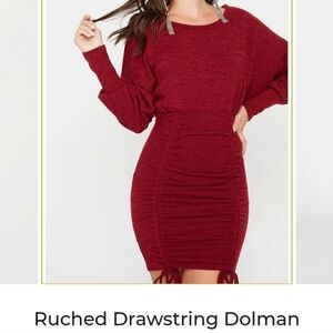 Red Ruched Dolman Sleeve Bodycon Dress